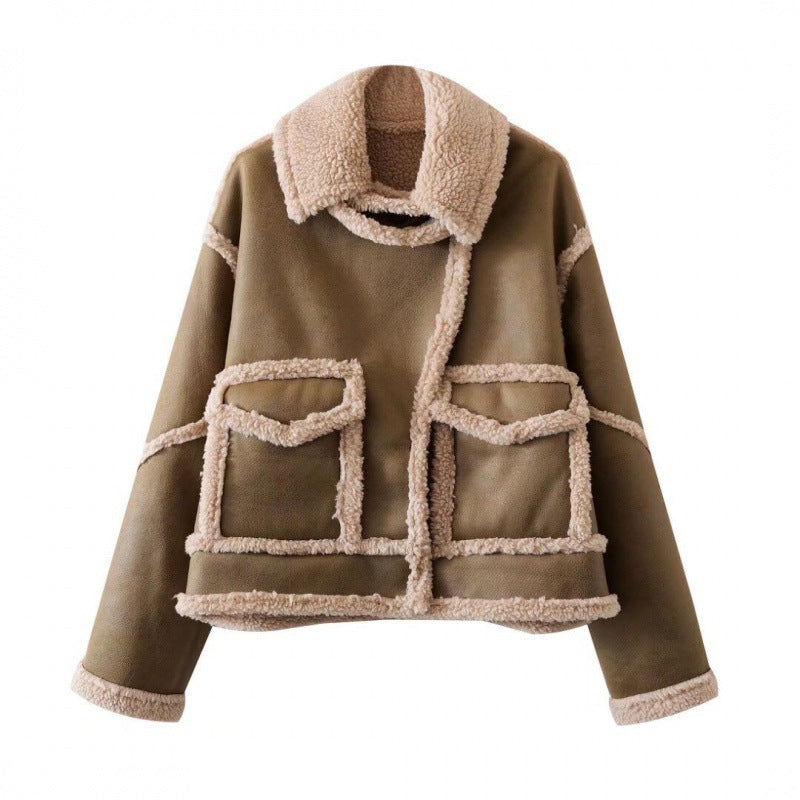 Cross-border 2025 European and American autumn and winter new anti-season explosion fur integrated splicing fleece double-sided jacket jacket women