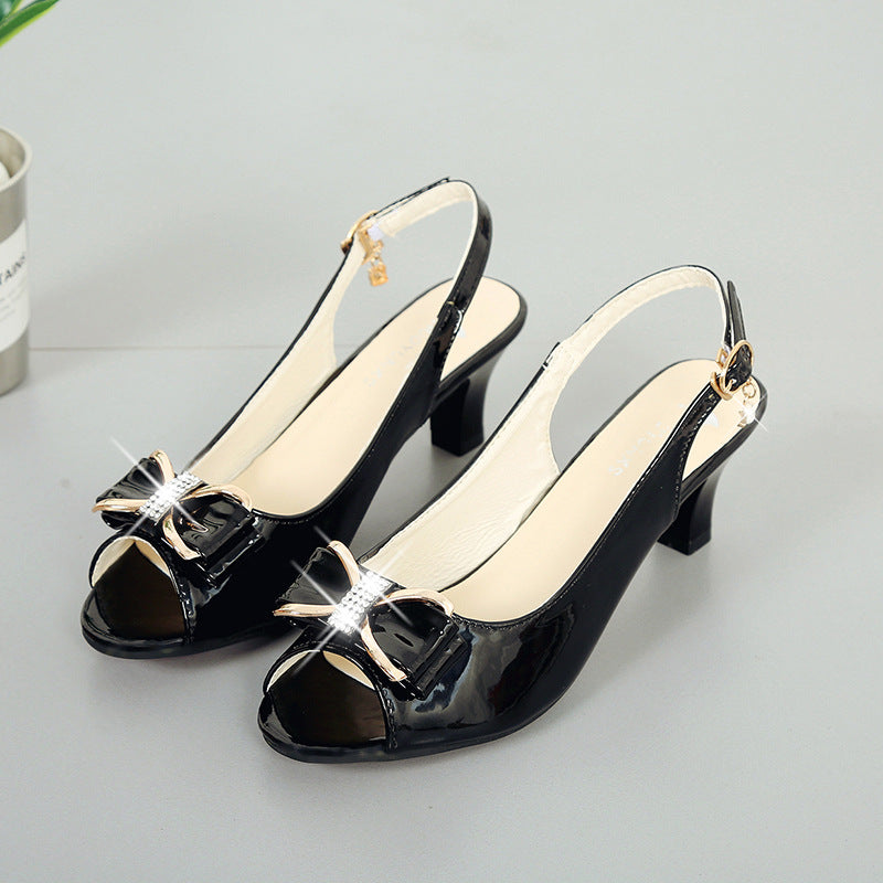 ZllKl New Peep Toe Solid Color Sandals Summer Women's Chunky Heel High Heel Shoes Korean Style Fashion Bowknot Rhinestone Mid Heel Sandals