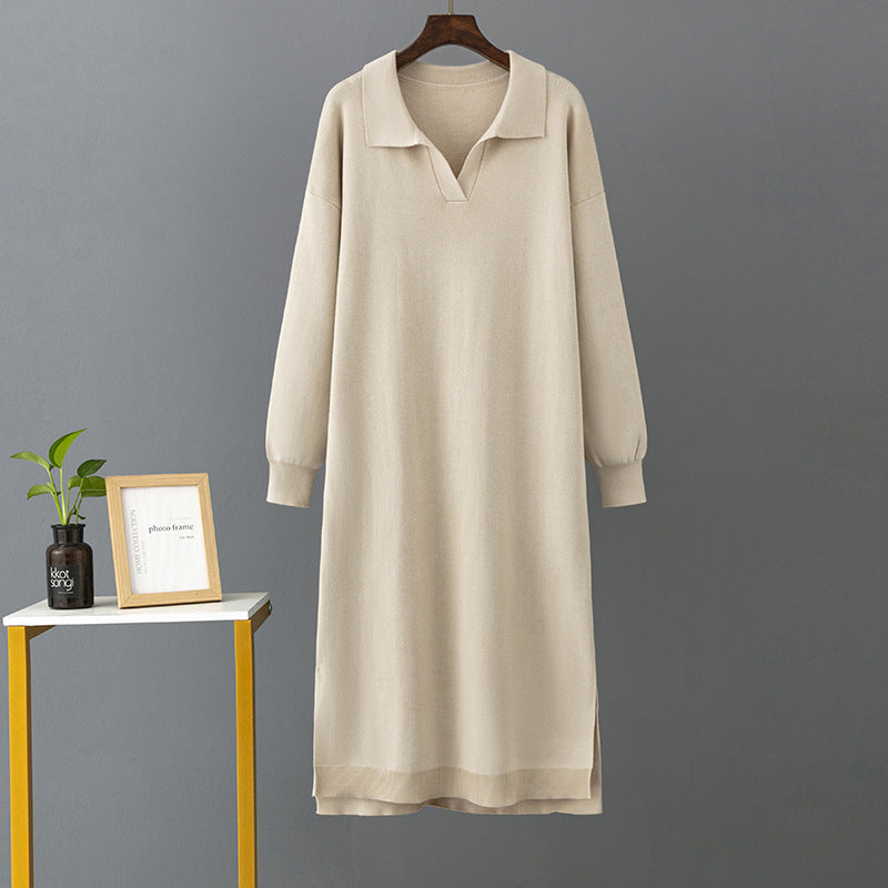 ZllKl 23 autumn and winter new 2025 Polo collar bottoming knitted long dress loose large size solid color women's dress