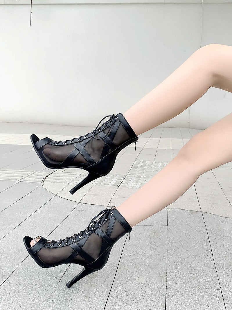 ZllKl Mesh Sandal Boots Women's Summer Peep Toe Sandals Lace-up Cutout Ankle Boots Jazz High Heels Stiletto Heel Silver Mesh Boots