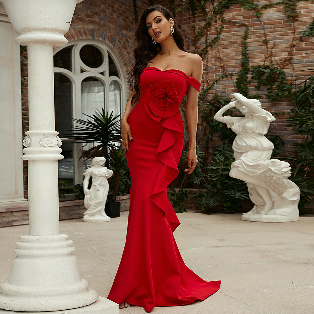 r Popular trade 2025 one-word collar sleeveless temperament slim long solid color banquet bridesmaid dress evening dress dress