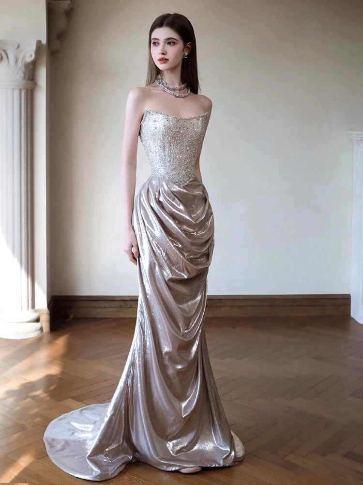 Tube top high-end evening dress temperament light luxury high-end sense sequined fishtail skirt bride engagement banquet heavy industry toasting clothes