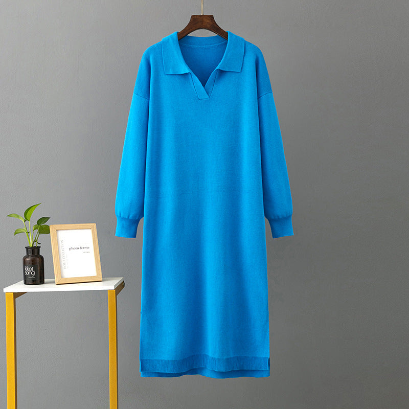 ZllKl 23 autumn and winter new 2025 Polo collar bottoming knitted long dress loose large size solid color women's dress