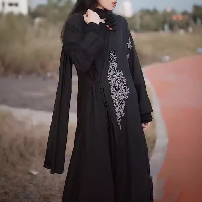 2025 Skirt Autumn Women's Long Sleeve Dress, Black Linen Lace-Up Embroidered Long Skirt Cardigan 20908
