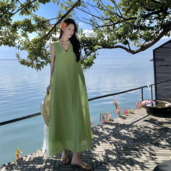 2025 Sleeveless Neck Muse Fan Photo Vacation Dress Summer Super Fairy Seaside Loose Skinny Beach Dress