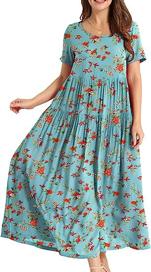 ZllKl Summer Beach Midi Dress Comfortable Pleated Dress Casual Loose Floral Dress
