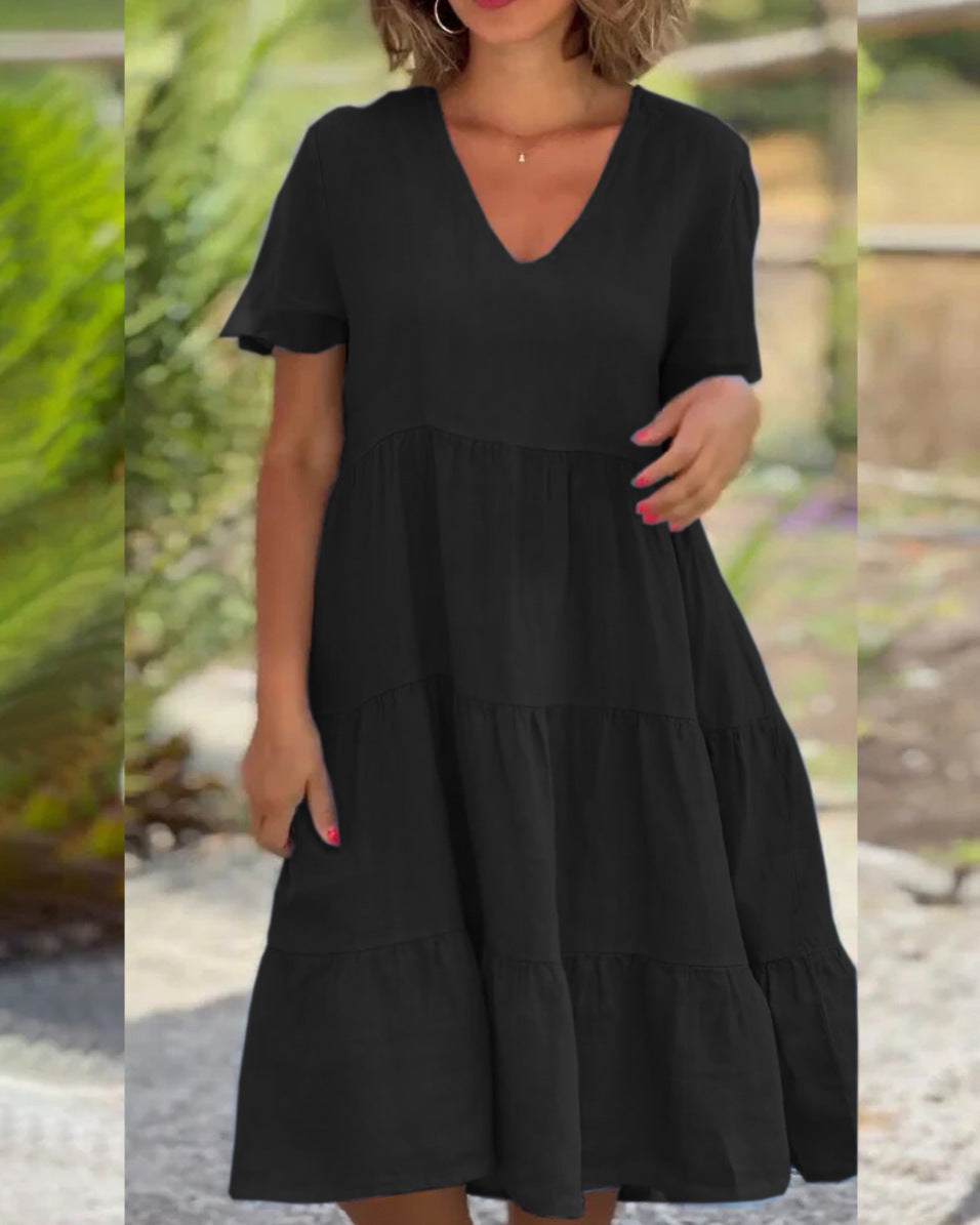 ZllKl European American Summer New Women's Clothing Fresh Sweet V-neck Solid Color Wide Hem Casual Skirt Dress