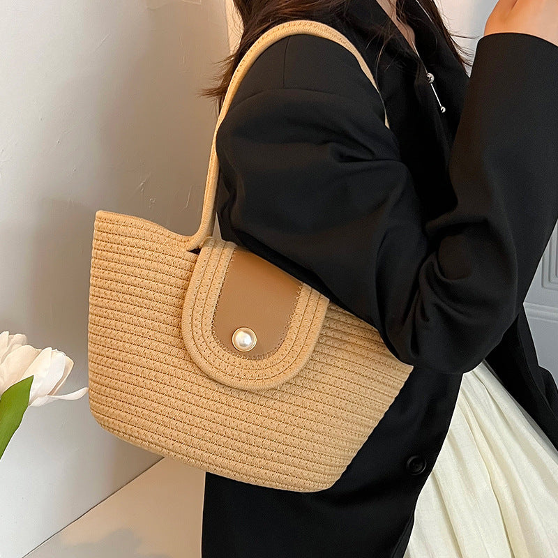 ZllKl Large Capacity Women's Shoulder Bag Crossbody Hand-Held Tote Straw Woven Woven Bag Pearl Cotton Underarm Pleated Cloud Design