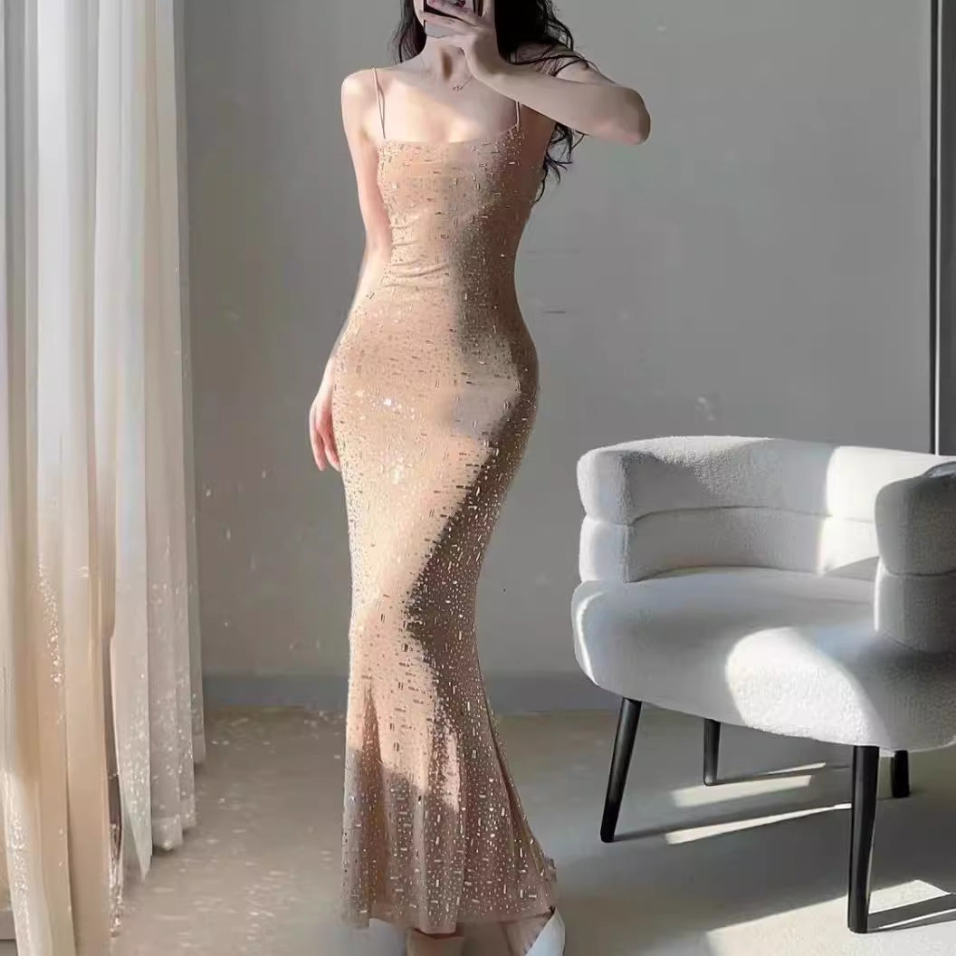 2025 Spot popular new nude rhinestone super flash suspender dress high-end birthday dress