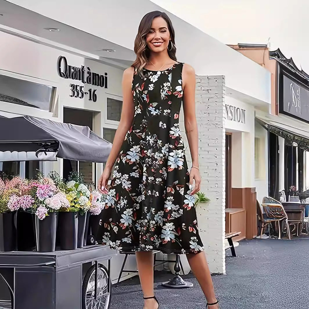 ZllKl Cross-Border Popular European and American Popular Elegant Multicolor Dinosaur Printed Vest Digital Printed round Neck Female Dress