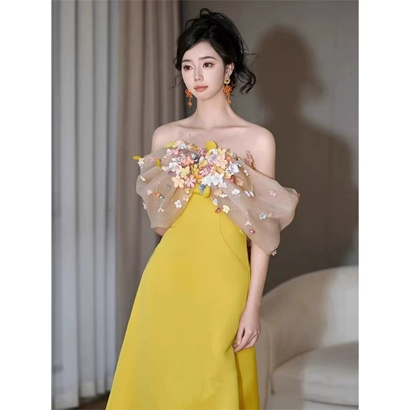 Yellow morning robe female bride morning shot shoulder evening dress student day adult ceremony super fairy temperament host art exam skirt