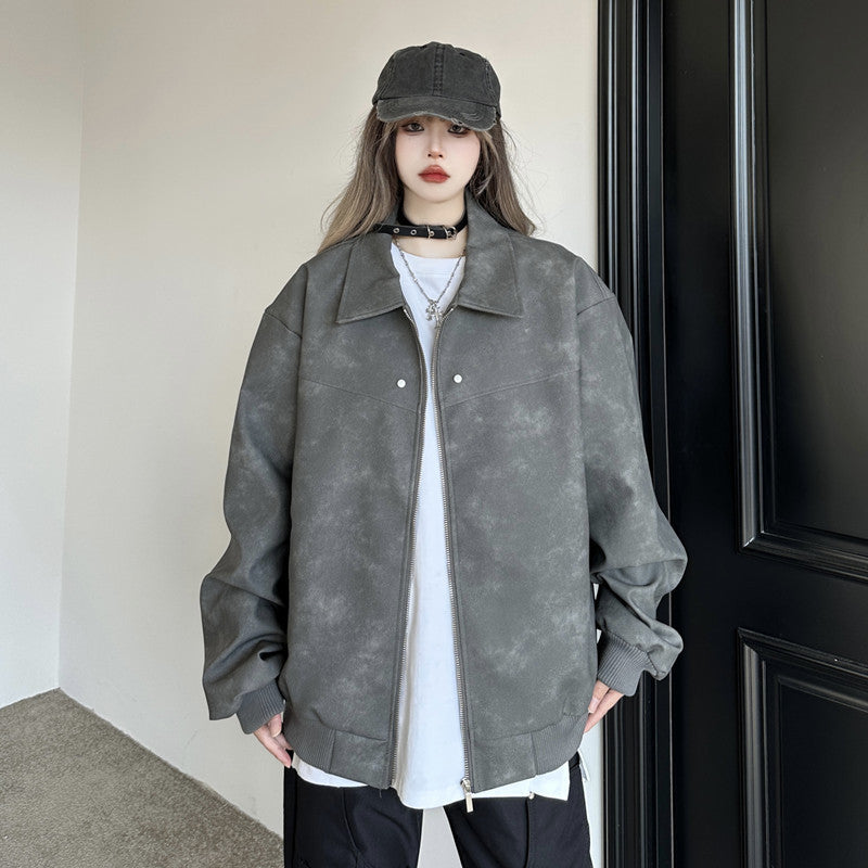Real shot #Hong Kong style retro leather jacket women's 2023 autumn and winter new loose high street lapel baseball jacket tide