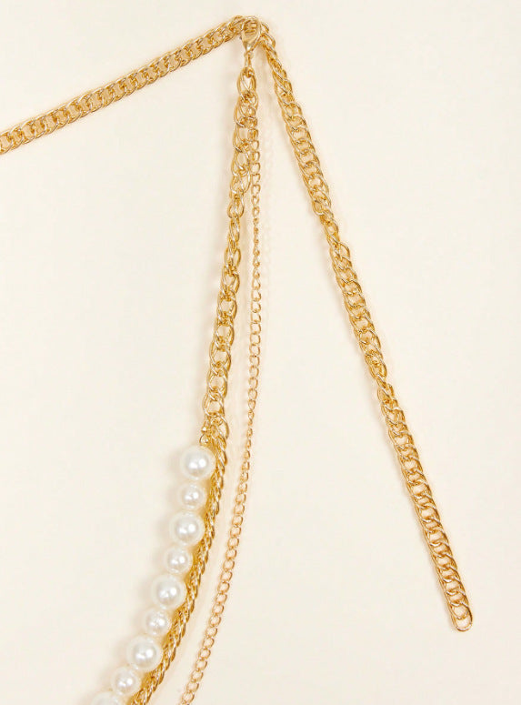 FB3363 2025 waist chain simple pearl chain metal chain wavy tassel side pendulum chain combined waist chain