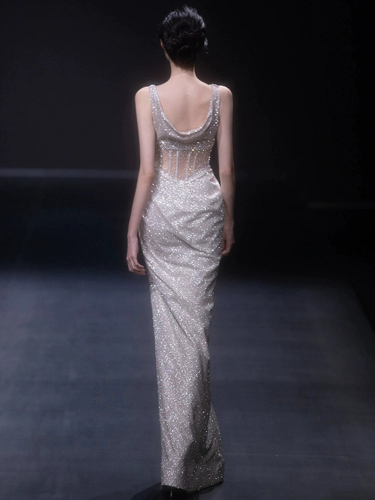High-end heavy industry evening dress temperament socialite silver light luxury niche suspender sequins sexy engagement fishtail dress