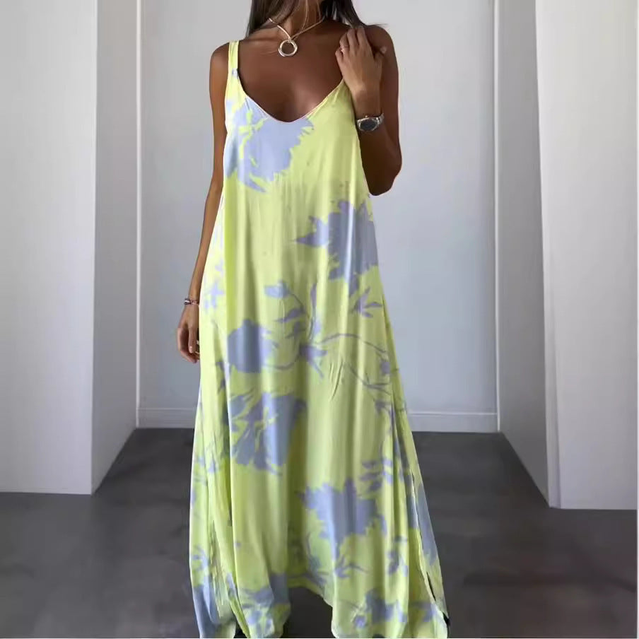 Zllk Summer Cross-Border European and American Women's Clothing New Vacation Dress Printed Strap Backless V-neck Dress