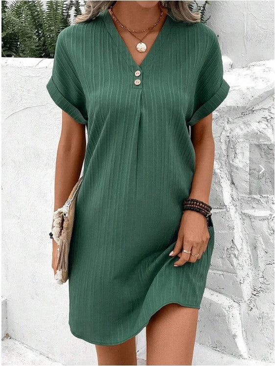 ZllKl Cross-Border European and American Women's Clothing New V-neck Solid Color Pullover Comfort and Casual Button Dress