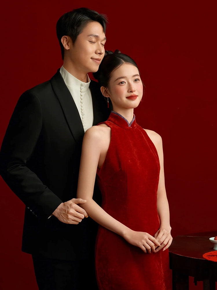 New Chinese cheongsam evening dress red neck high-end morning robe bride engagement wedding niche return toast dress