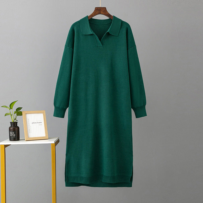 ZllKl 23 autumn and winter new 2025 Polo collar bottoming knitted long dress loose large size solid color women's dress