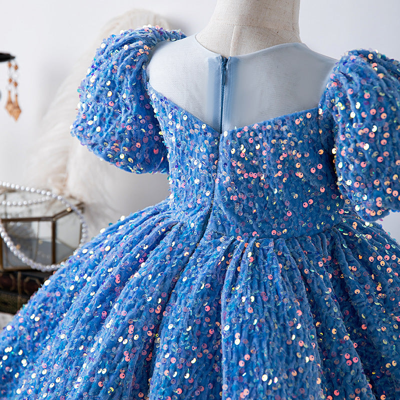 ZllKl Blue Sequined Children's Dress Girl Princess Dress Birthday Full-Year Baby Girl Catwalk Host Piano Performance Wear