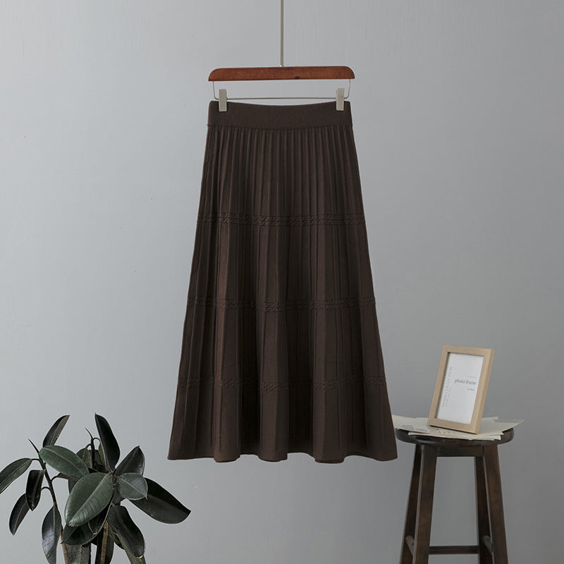 ZllKl Wool knitted skirt women's medium and long thickened autumn and winter new high-waisted and thin a-word pleated skirt big swing umbrella skirt