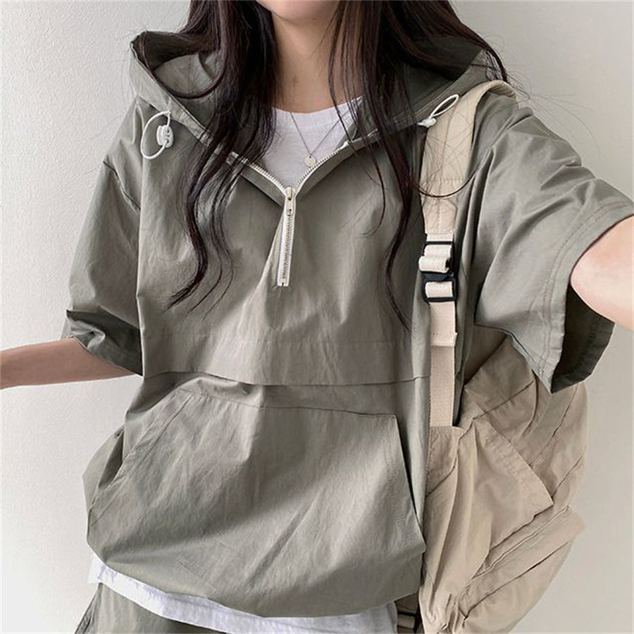 ZLLKL 2025 Korean version of solid color fashion casual short-sleeved suit women's summer new fashion loose hooded sportswear versatile