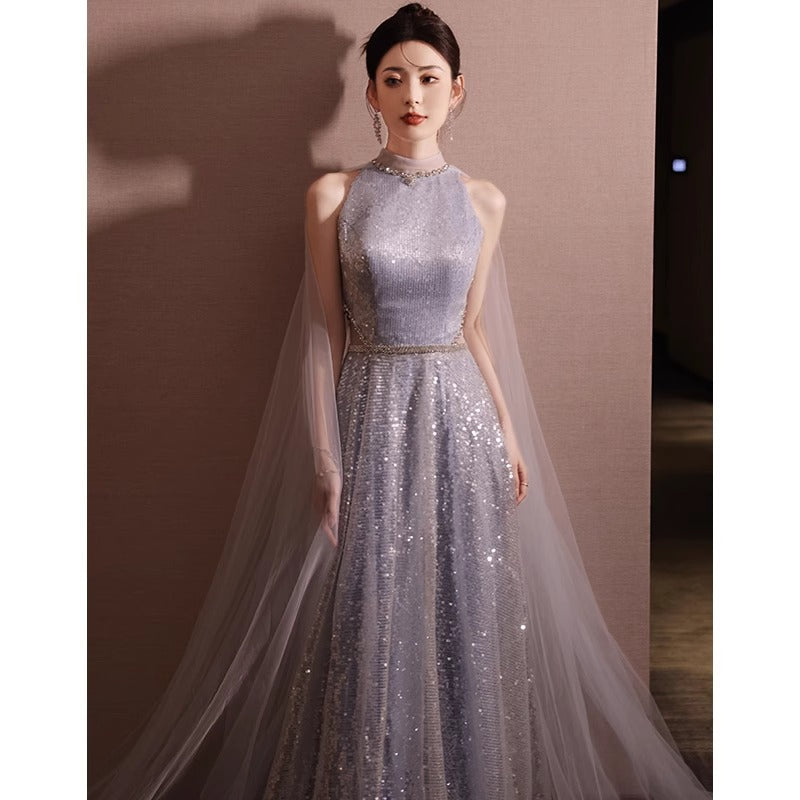 2025 Banquet evening dress 2025 new sequined art test high-end long dress blue neck bride return banquet toast dress
