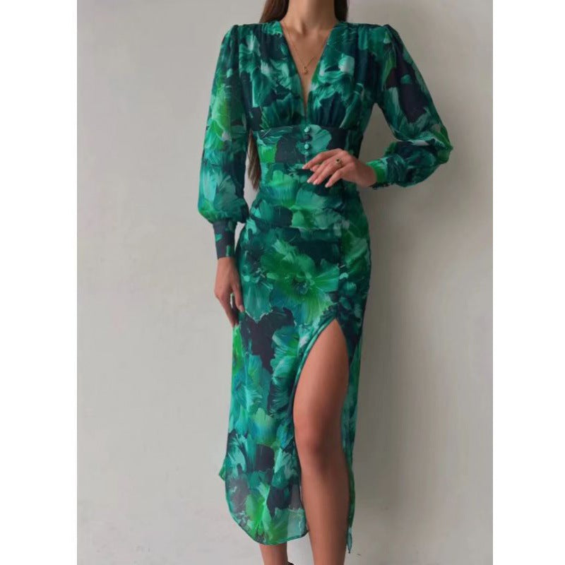 ZllKl Cross-Border Spring and Summer New Women's Clothing Dress V-neck REDLEAF Printed Foreign Trade Dress Large Swing Skirt