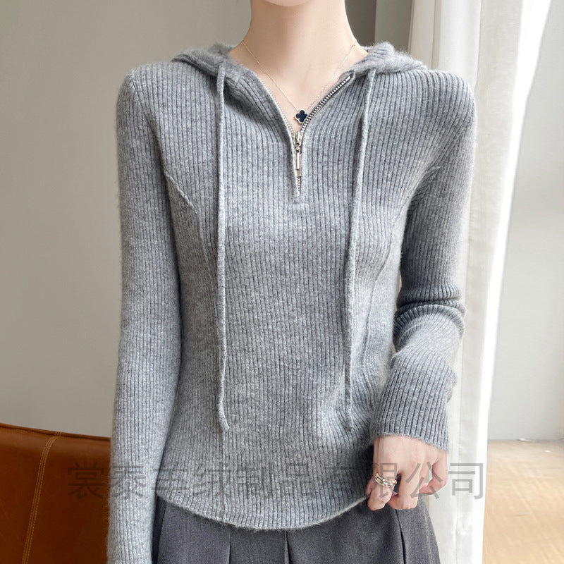 Half-zipper drawstring slim cashmere sweater women's pullover sweater autumn and winter solid color hooded wool knitted slim base