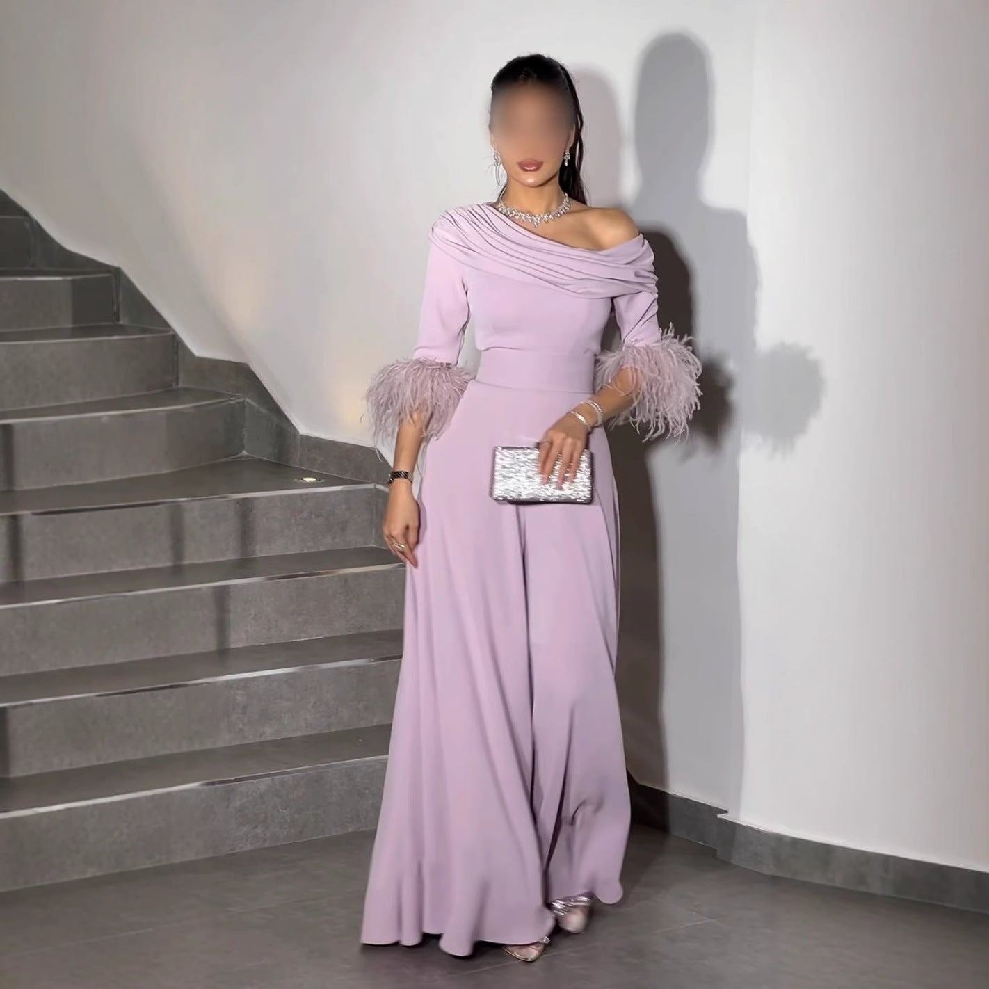 popular autumn and winter new 2025 New  independent station feather splicing sexy fashion loose jumpsuit