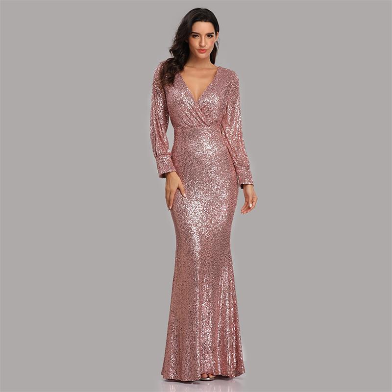 2025 24 New Popular trade dress multi-color large-size long-sleeved V-neck slim-fitting sequined fishtail evening dress women's ball party