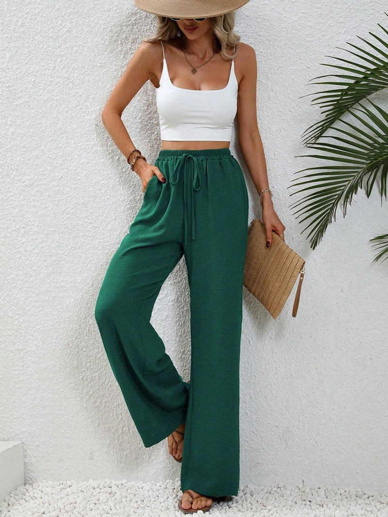 ZllKl Tiktoktemu European and American Women's Clothing Spring and Summer New Versatile Solid Color Mop Wide Leg Pants Casual Pants