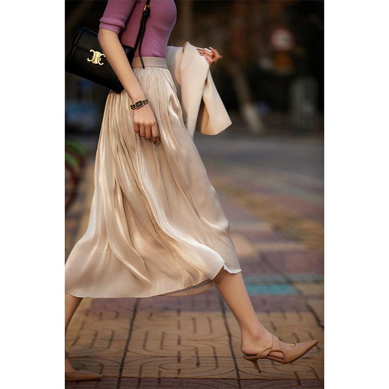 2025 Flowing silk strand milk pearlescent skirt summer women's long A-shaped big swing skirt