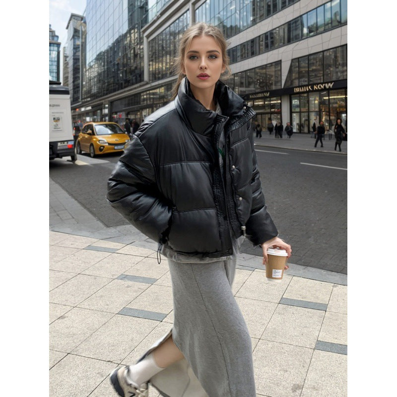 China, Europe and America winter leave-in pu leather cotton clothes women's short 2025 new thickened bread clothes small warm jacket