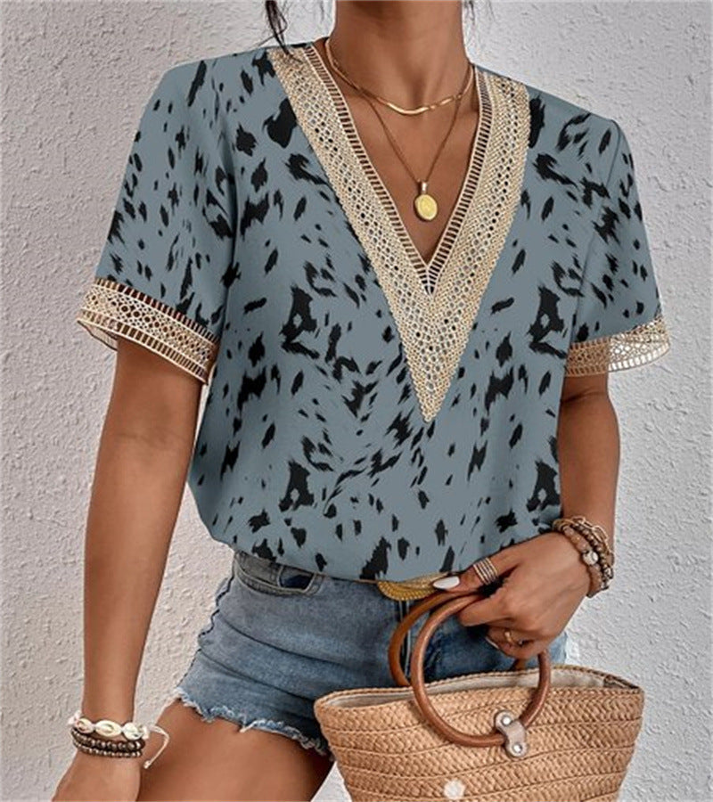 ZllKl Cross-Border EBay Women's Clothing V-neck Lace Loose Top Temperament Commute Short Sleeve Digital Printed T-shirt