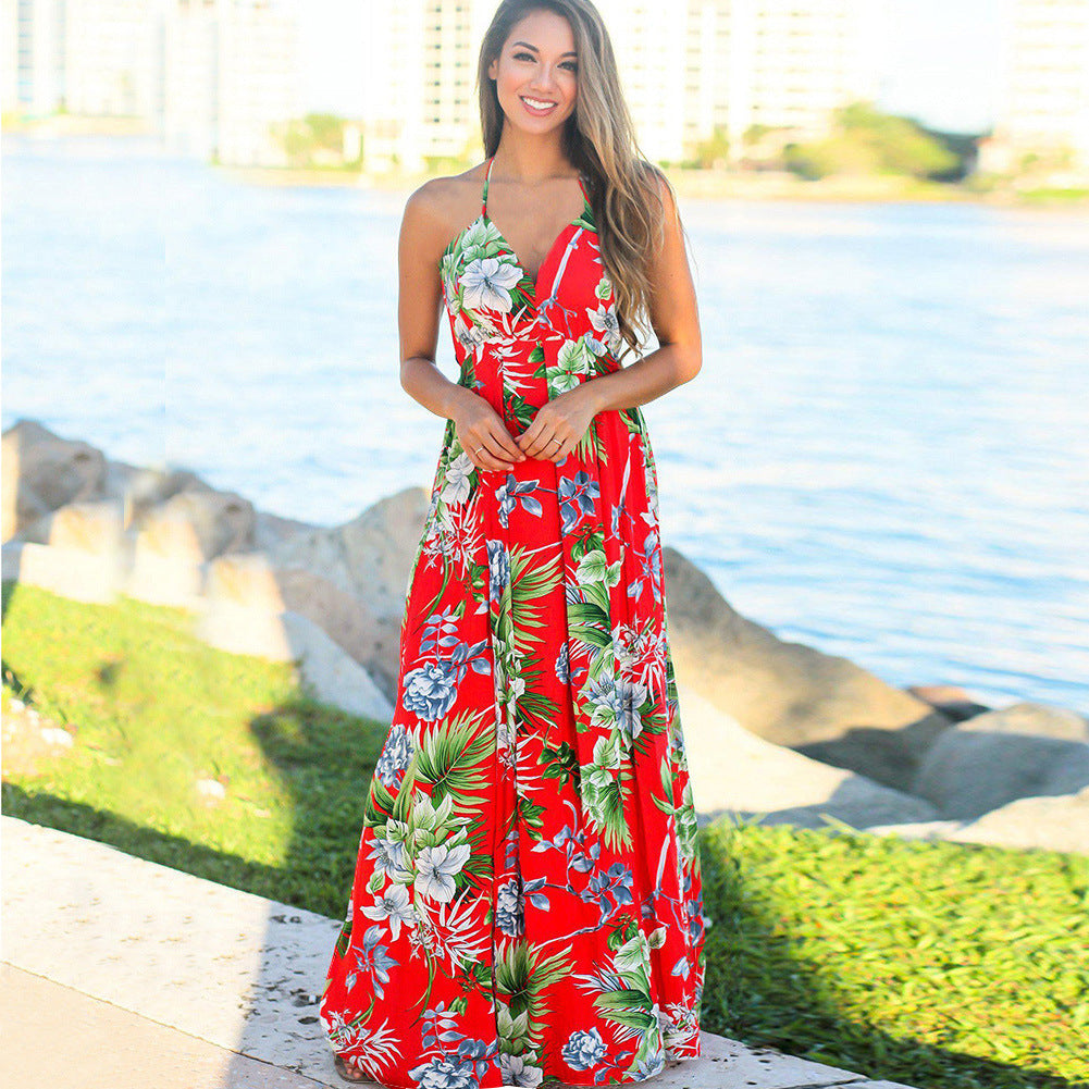 ZllKl Dress Summer New Women's Long Dress Cross Border Hot Suspender Skirt Printed Beach Long Dress