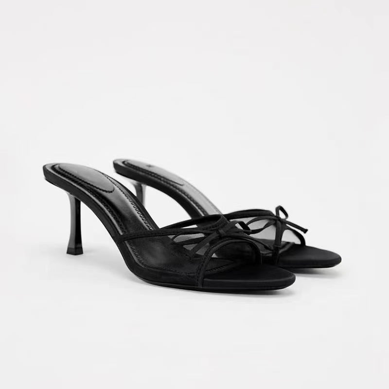 ZllKl New Women's Shoes Bow Leopard Print High Heel Sandals Pointed Stiletto Mesh High Heel Sandals Women's Shoes Summer