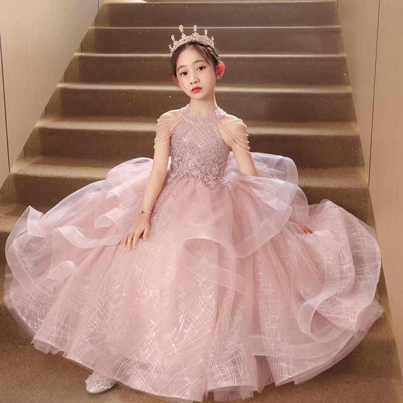 ZllKl Children's Dress Girls Birthday Princess Dress Dresses of Bride Fellow Kids Light Luxury Minority Children Host Piano Performance Pink