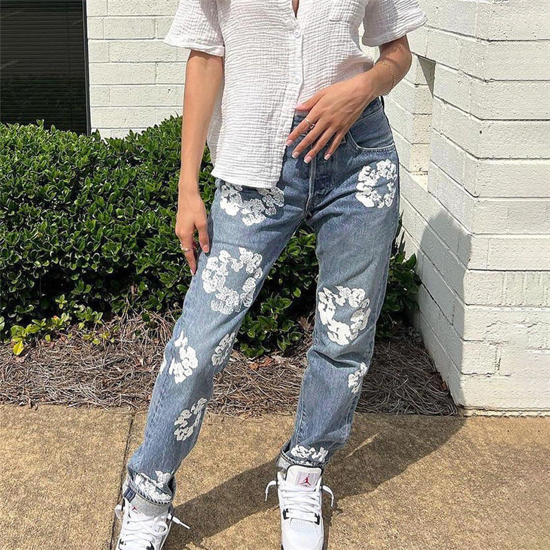European and American Style 2025 Hot Trade New Autumn and Winter Trendy Street Style Printed High Waist Casual Straight-Leg Jeans for Women