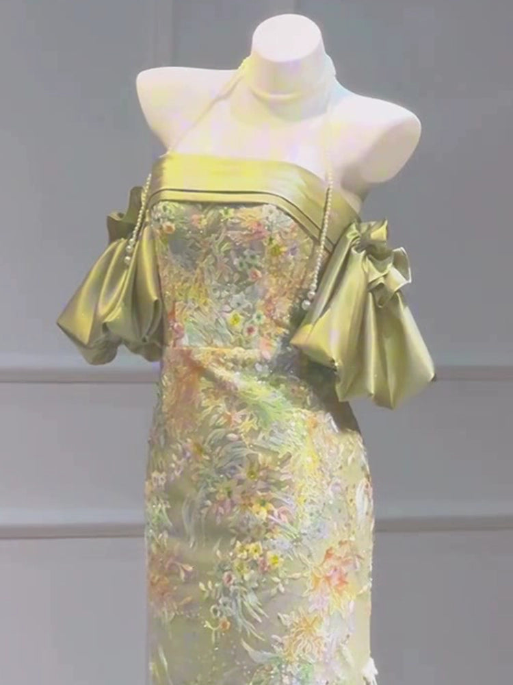 New Chinese cheongsam evening dress niche light luxury high-end banquet tube top morning robe female bride engagement floral toast