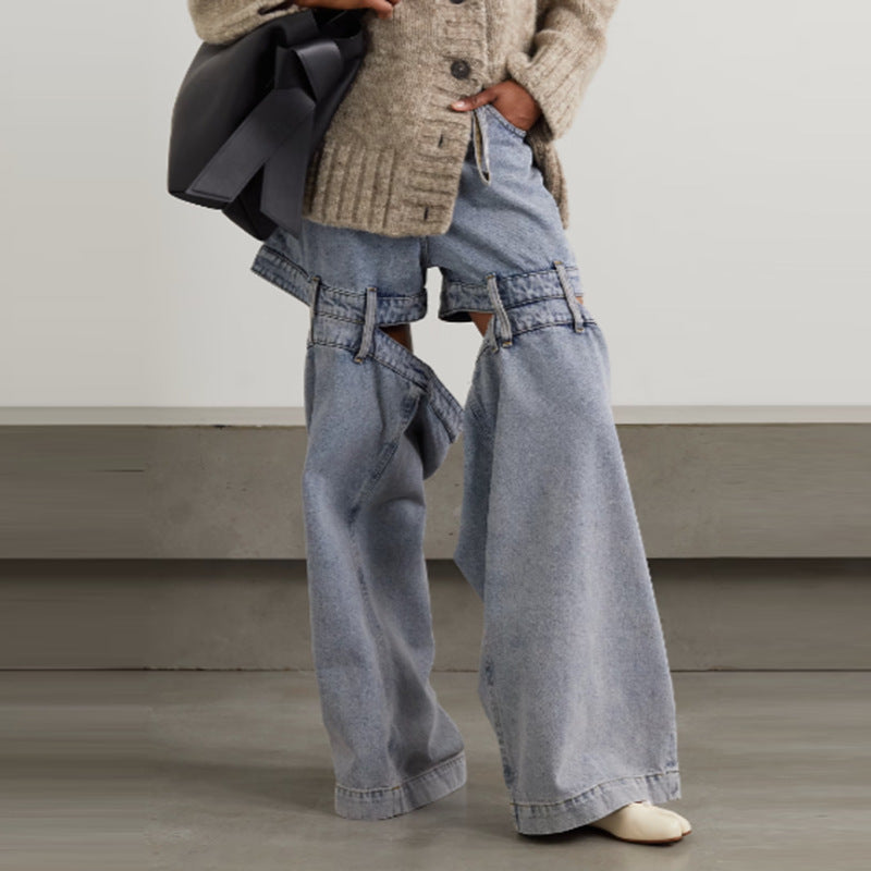 Super Loose Slimming Zhongshan Wide-Leg Pants 2025 Spring New Niche Style Unique Design Open-Leg Jeans for Women