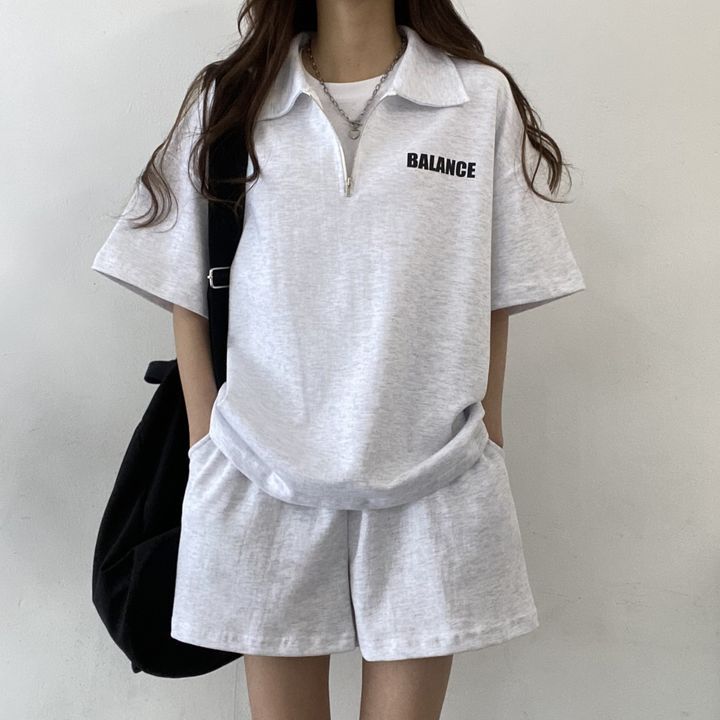 ZllKl Wholesale 4 colors, suit women's casual zipper short-sleeved two-piece set solid color Korean version cotton summer sportswear fashionable and loose
