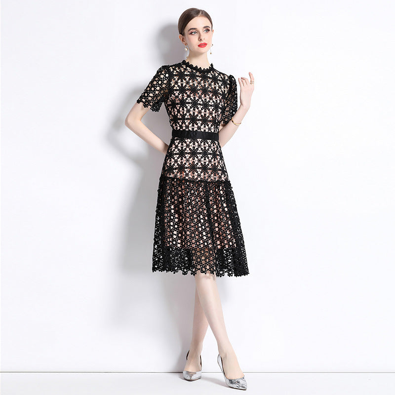 Lightly Mature Design Style Retro Minority Sexy Hollow out Lace Short Sleeve Dress Women's Summer Wear 2023 New