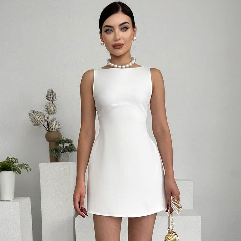2025 Q24DS228 New women's clothing summer new solid color sleeveless backless slim high waist A-word short dress