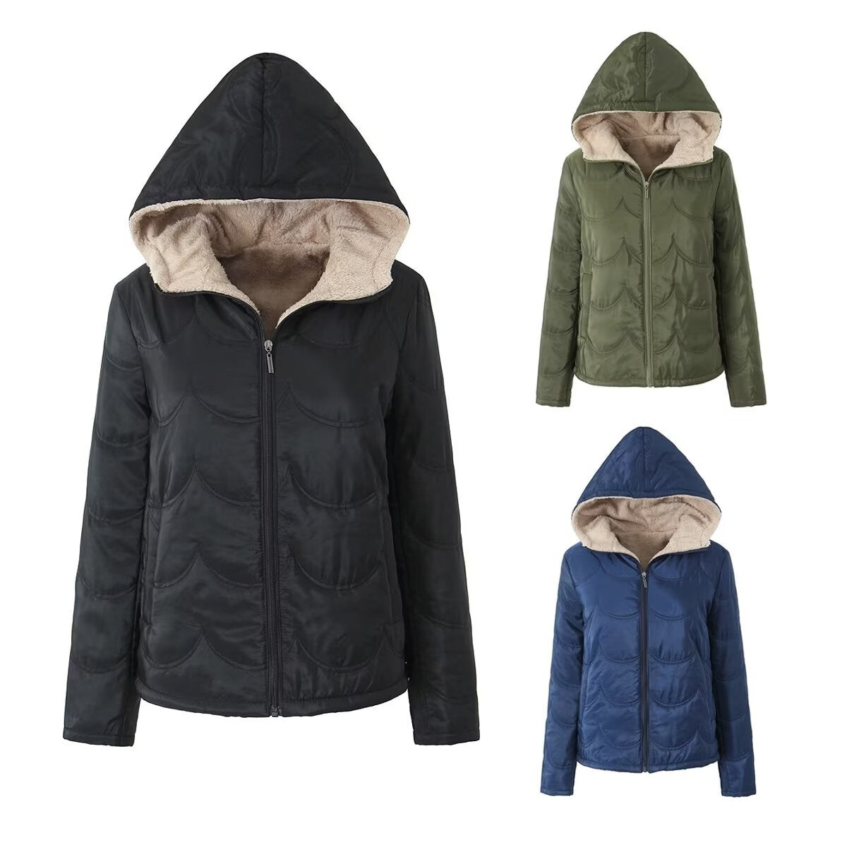 European and American style autumn and winter new women's geometric casual solid color loose hooded velvet thick thermal cotton coat