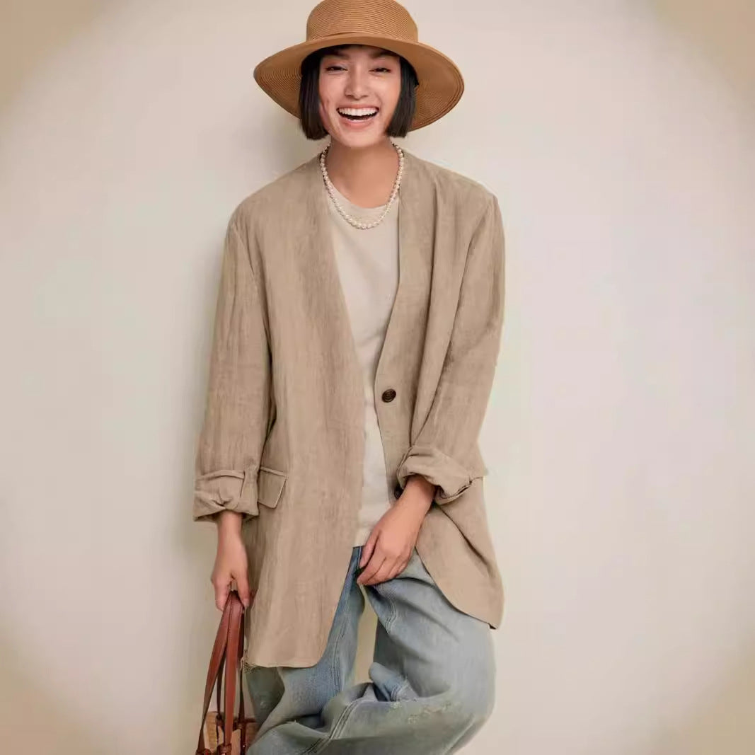 2025 spring old money style woven linen thin collarless blazer, casual commuter v-neck top B0741