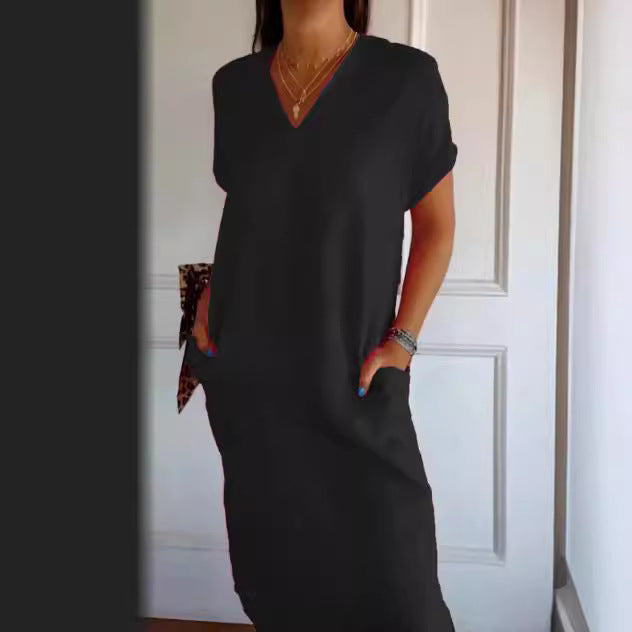 ZllKl Spring and Summer Cross-Border Independent Station New Cotton and Linen V-neck Short Sleeve Slit Loose Dress Women's Clothing