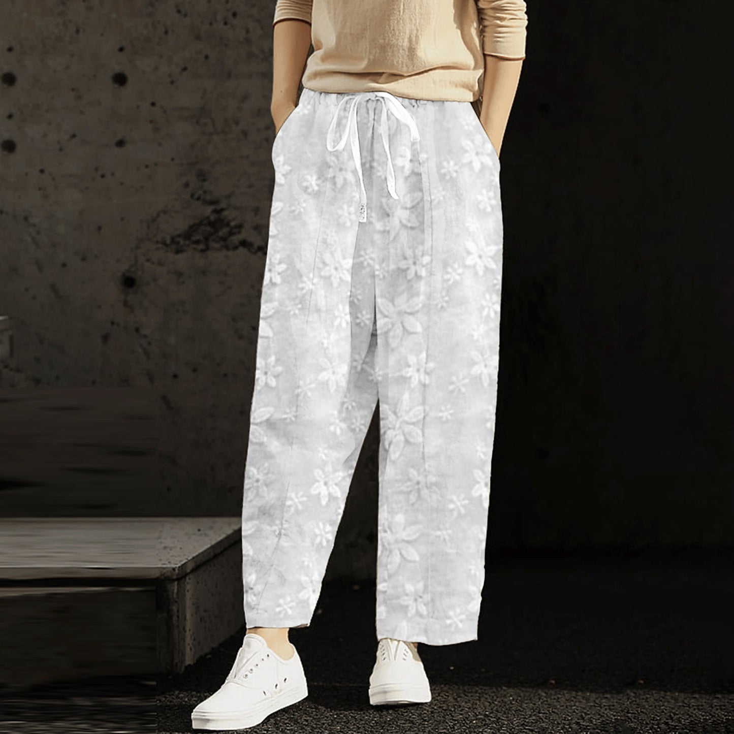 ZllKl Independent Station Cross-Border European American Summer New Embroidery Tie-Neck Casual Women's Pants Cropped Elastic Waist