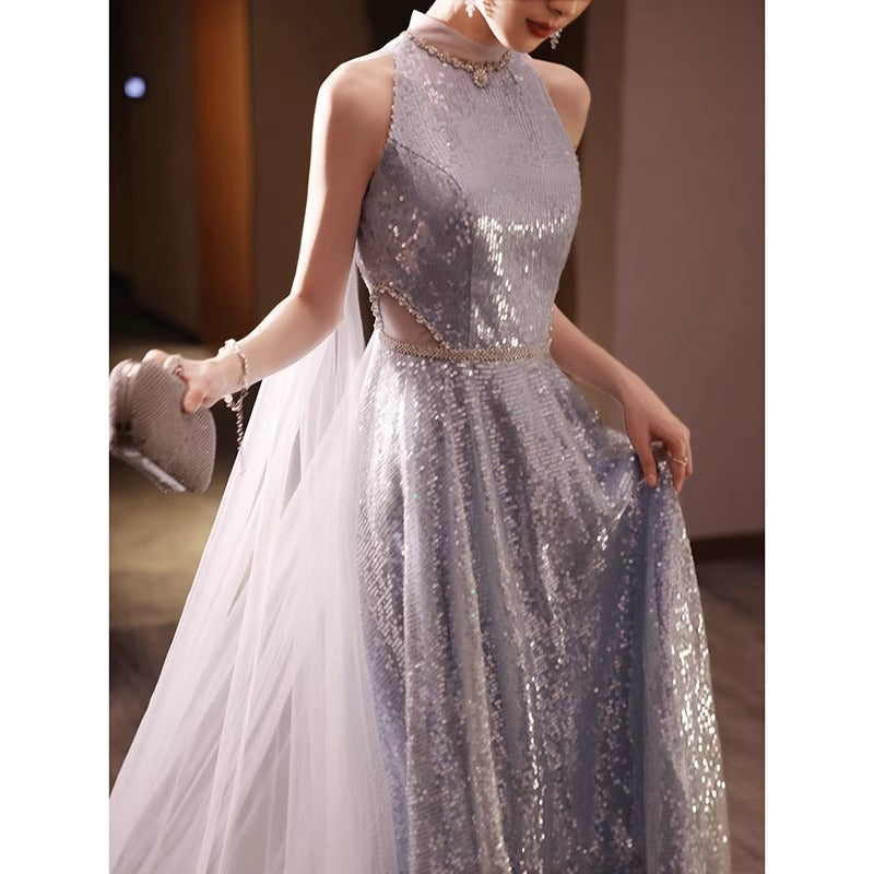 2025 Banquet evening dress 2025 new sequined art test high-end long dress blue neck bride return banquet toast dress