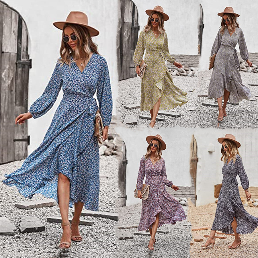 Zllk In Stock! European and American Foreign Trade Women's Long Sleeve Wrap Dress Flower Printed V-neck Autumn and Winter Dress