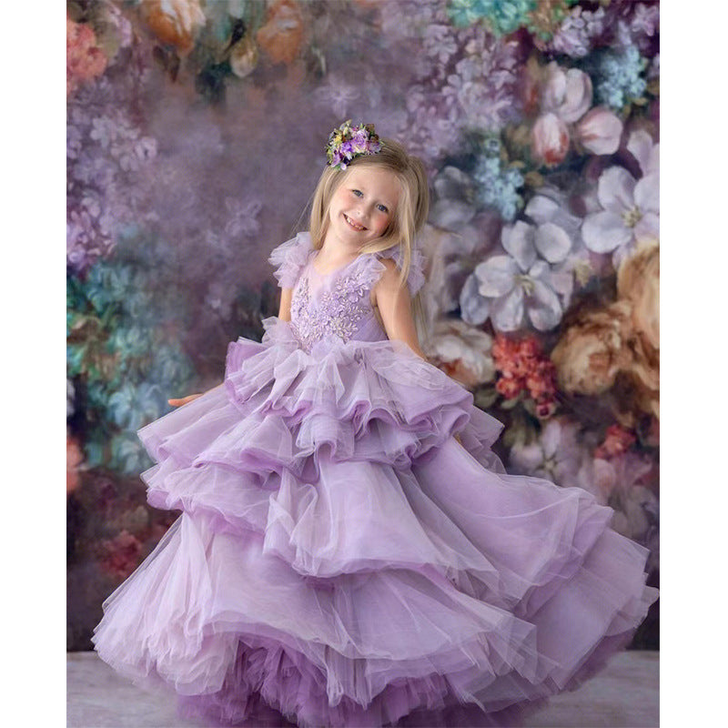 ZllKl Children's Dress Princess Dress Spring Girl Purple Costume for Piano Performance Host Temperament Catwalk Evening Dress